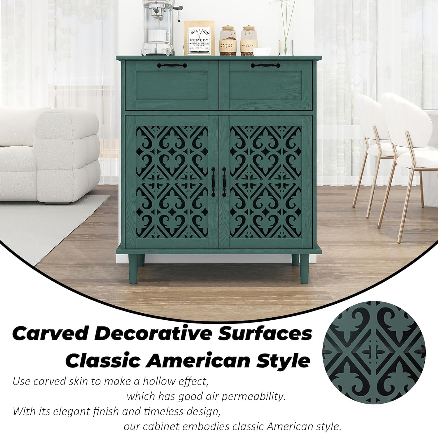 Sideboard Buffet Cabinet, American Farmhouse Green 2 Door 2 Drawer Storage Credenza, Hollow Carved, Living Room Entryway Kitchen Dining Room Console Table, Home Furniture Decor