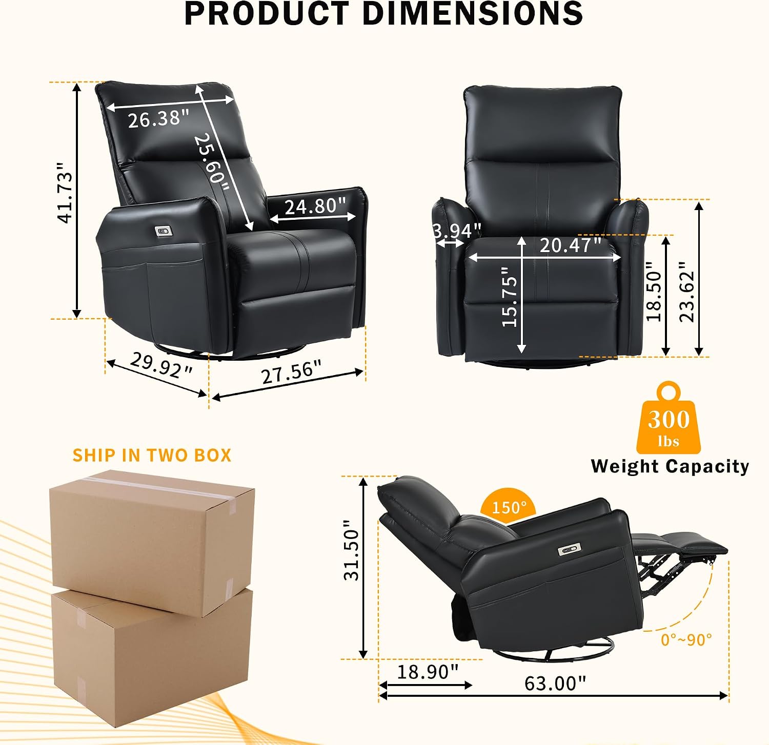 Recliner Chair with 270° Power Swivel & USB Ports,Electric Rocking Chair Nursery Glider in PU Faux Leather for Living Room, Bedroom (Black)