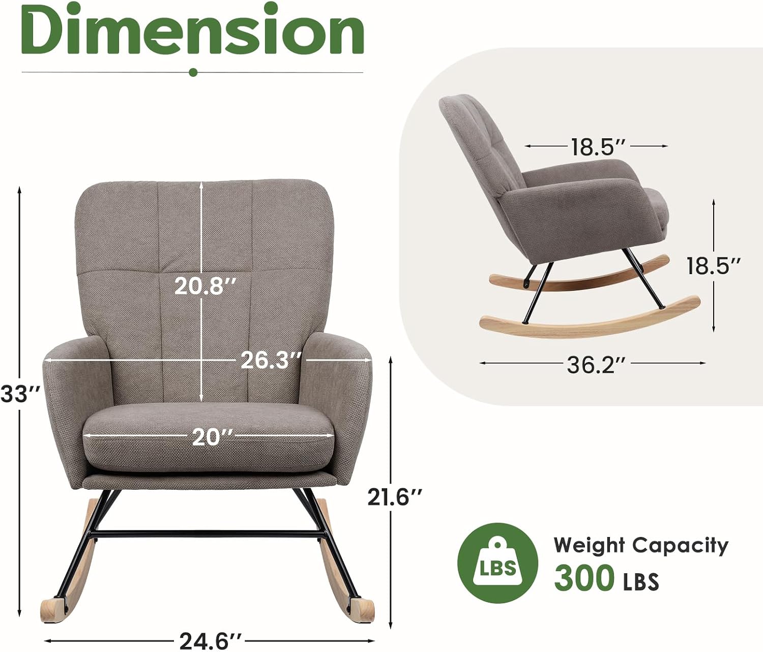 Rocking Chair Nursery High Back Glider Rocker Chair Indoor for Adult | 20" Wide Seat Fleece Upholstered Solid Wood Legs Comfy Gentle Rock for Living Room Bedroom Nursing Room Reading Nook