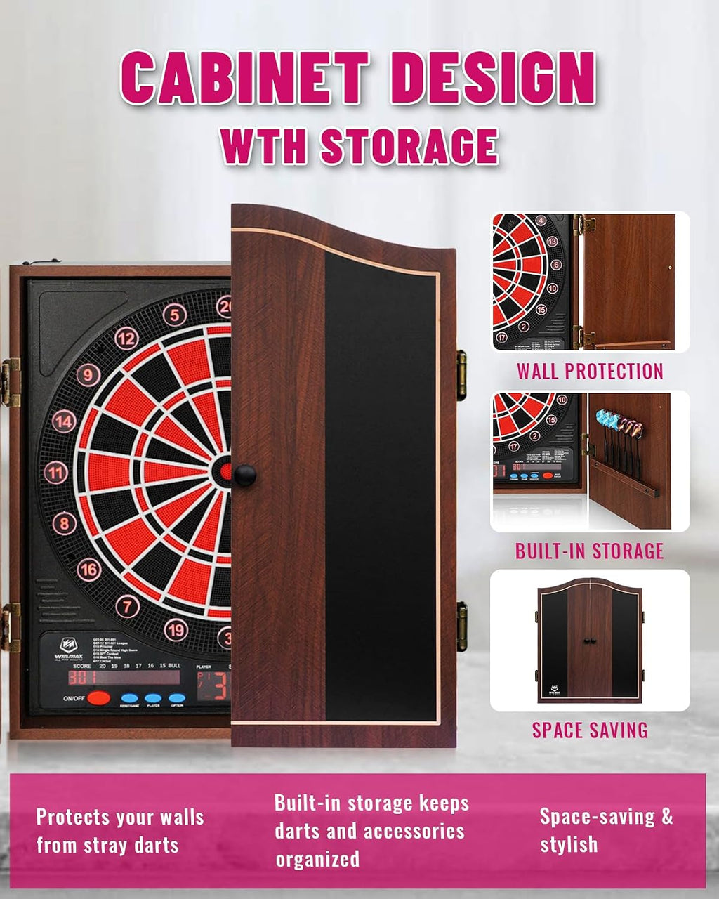 Electronic Dart Board with Cabinet Set, Dartboard with 8-Player Color Light | 3 Large LCD Displays with 34 Games, Automatic Scoring, 12 Darts+100 Tips, Great Gift for Man Cave Game Room Home Bar