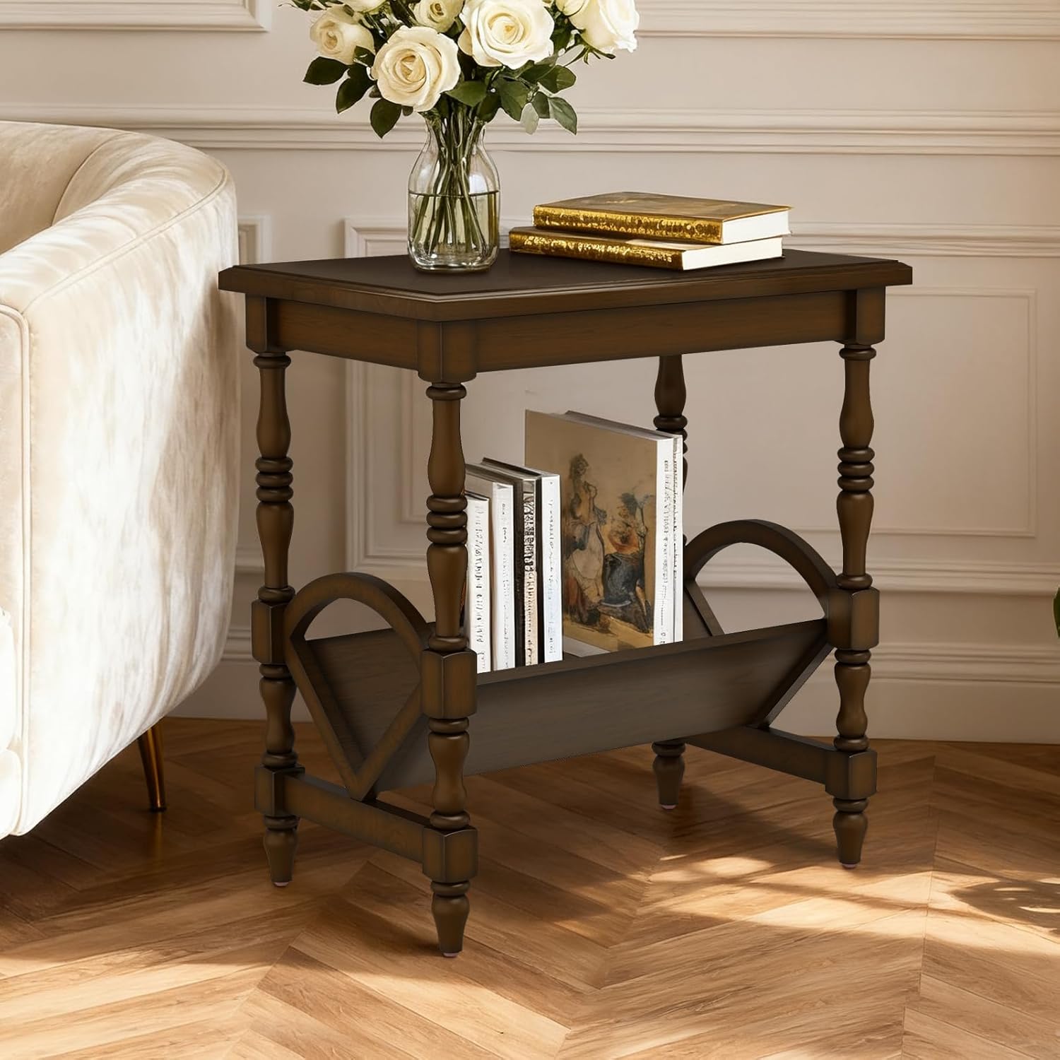 LKTART Wood End Table, Vintage Sofa Side Table with Magazine Rack and Rubberwood Legs, Bedside Table with Birch Wood Veneer Finish for Living Room Bedroom Small Space Home Office, Dark Brown