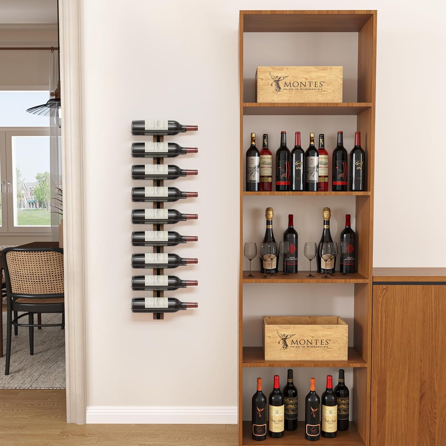 B4Life Wine Rack Wall Mounted for 9 Wine Bottles, Wood Wine Racks for Wall, Wine Holder Wine Bottle Racks for Kitchen, Dining Room, Bar