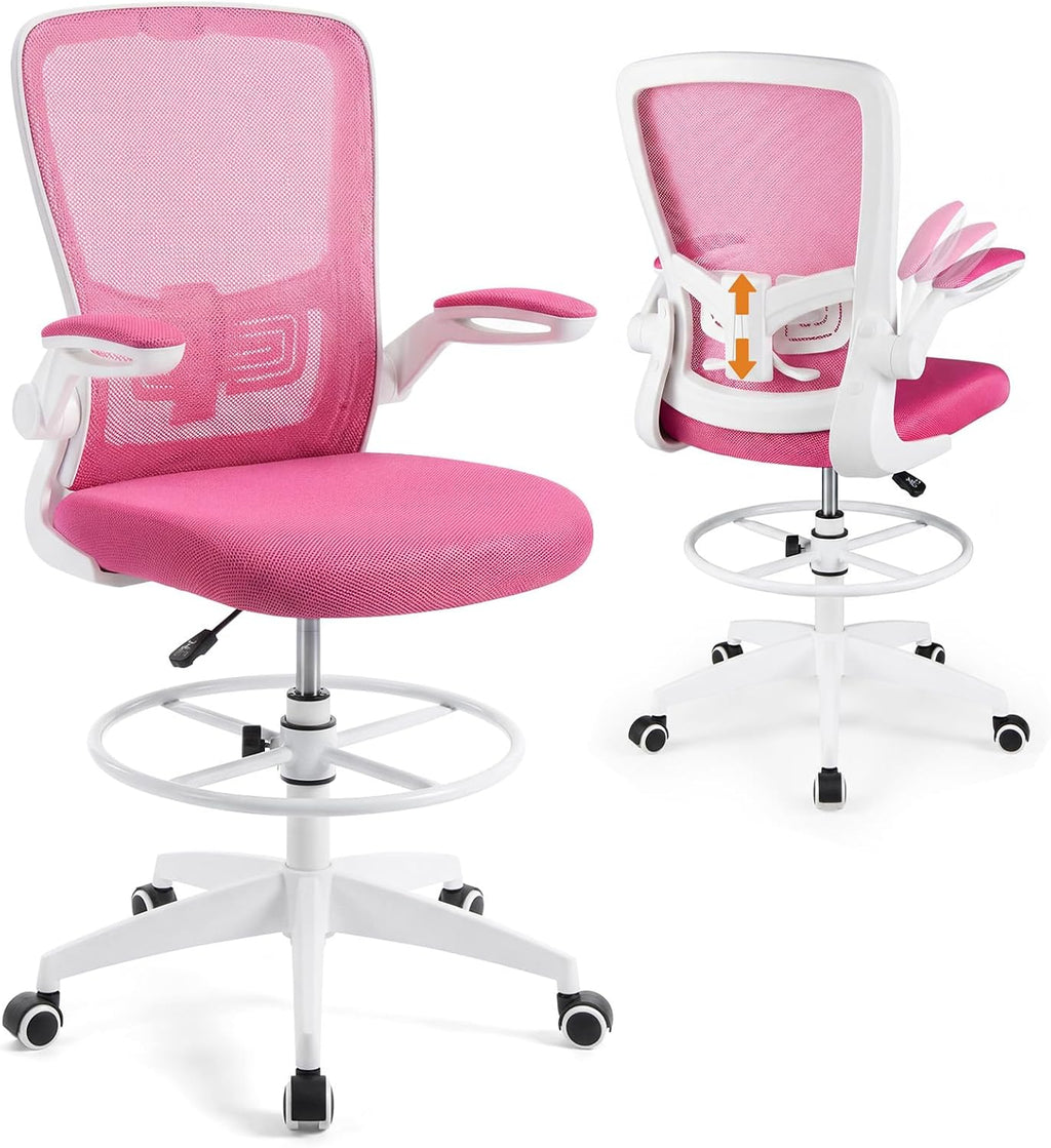 COSTWAY Drafting Chair, Tall Office Chair with Flip-up Armrests & Adjustable Foot Ring, High Back Computer Standing Desk Chair with Ergonomic Lumbar Support, Breathable Mesh (1, Pink)