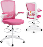 COSTWAY Drafting Chair, Tall Office Chair with Flip-up Armrests & Adjustable Foot Ring, High Back Computer Standing Desk Chair with Ergonomic Lumbar Support, Breathable Mesh (1, Pink)
