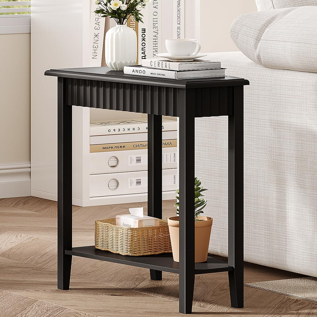 ChooChoo Fluted Recliner Side Tables Set of 2 with 2-Tier Storage Shelf | Wedge End Table for Small Space, Narrow Triangle Side Table for Corner, Living Room, Bedroom, Black