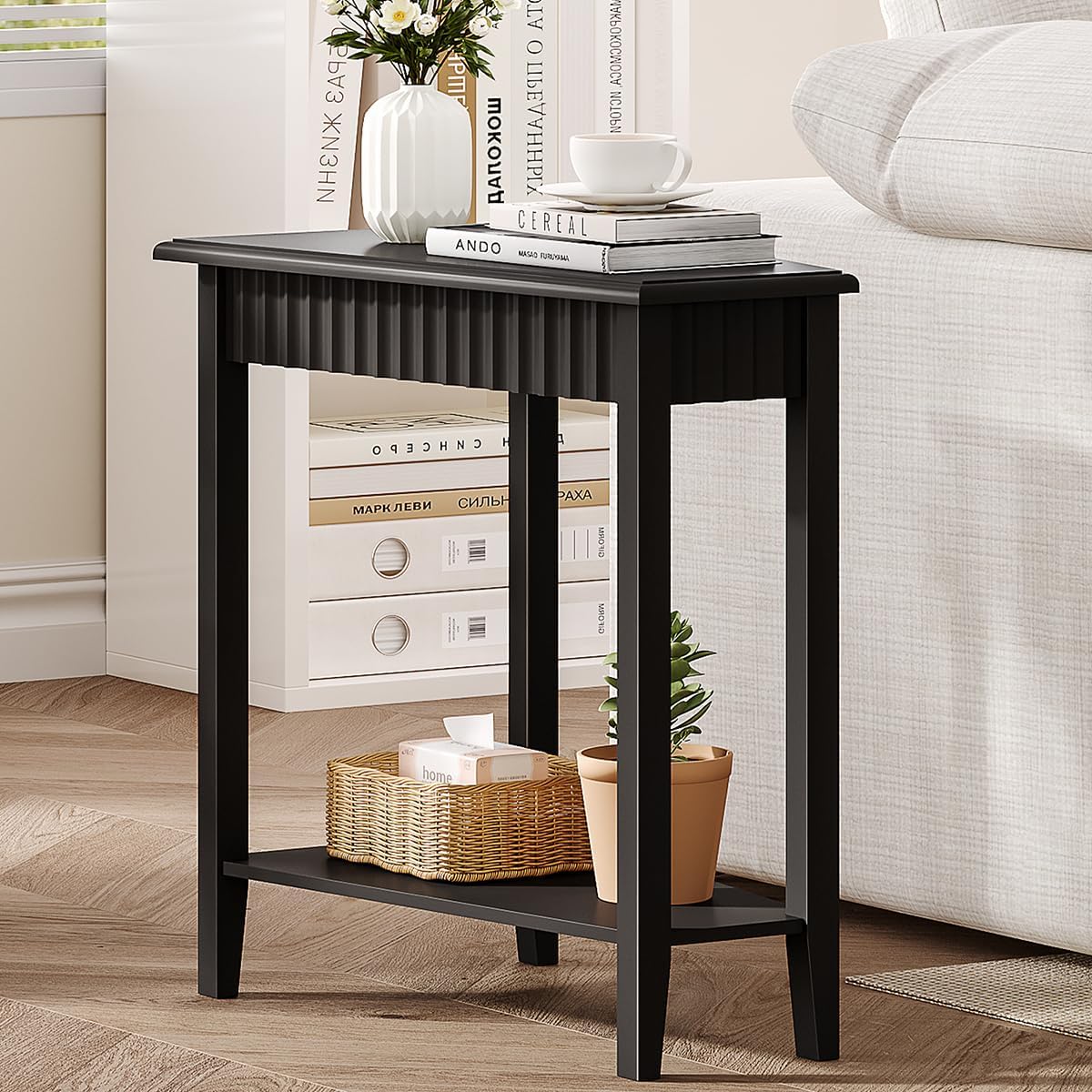 ChooChoo Fluted Recliner Side Tables Set of 2 with 2-Tier Storage Shelf | Wedge End Table for Small Space, Narrow Triangle Side Table for Corner, Living Room, Bedroom, Black
