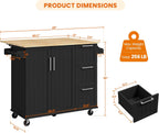 Yaheetech Kitchen Island Cart with Drop Leaf, Kitchen Breakfast Bar on 5 Universal Wheels with Storage Cabinet, Rubberwood Top, 3 Drawers, Spice Rack for Dining Room, 49W x 29.5D x 36H, Black