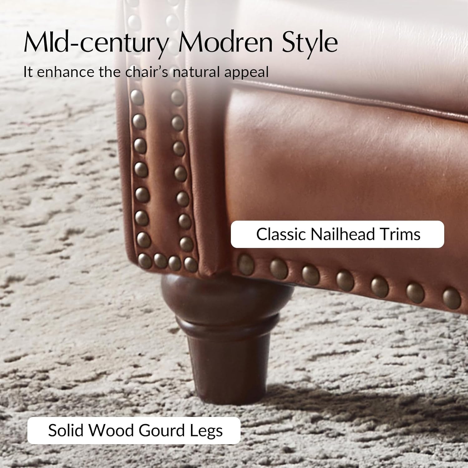 HULALA HOME Genuine Leather Manual Recliner Chairs Set of 2 with Adjustable Backrest & Footrest, Mid Century Modern Push Back Recliners with Nailhead Trim & Wood Legs, Brown
