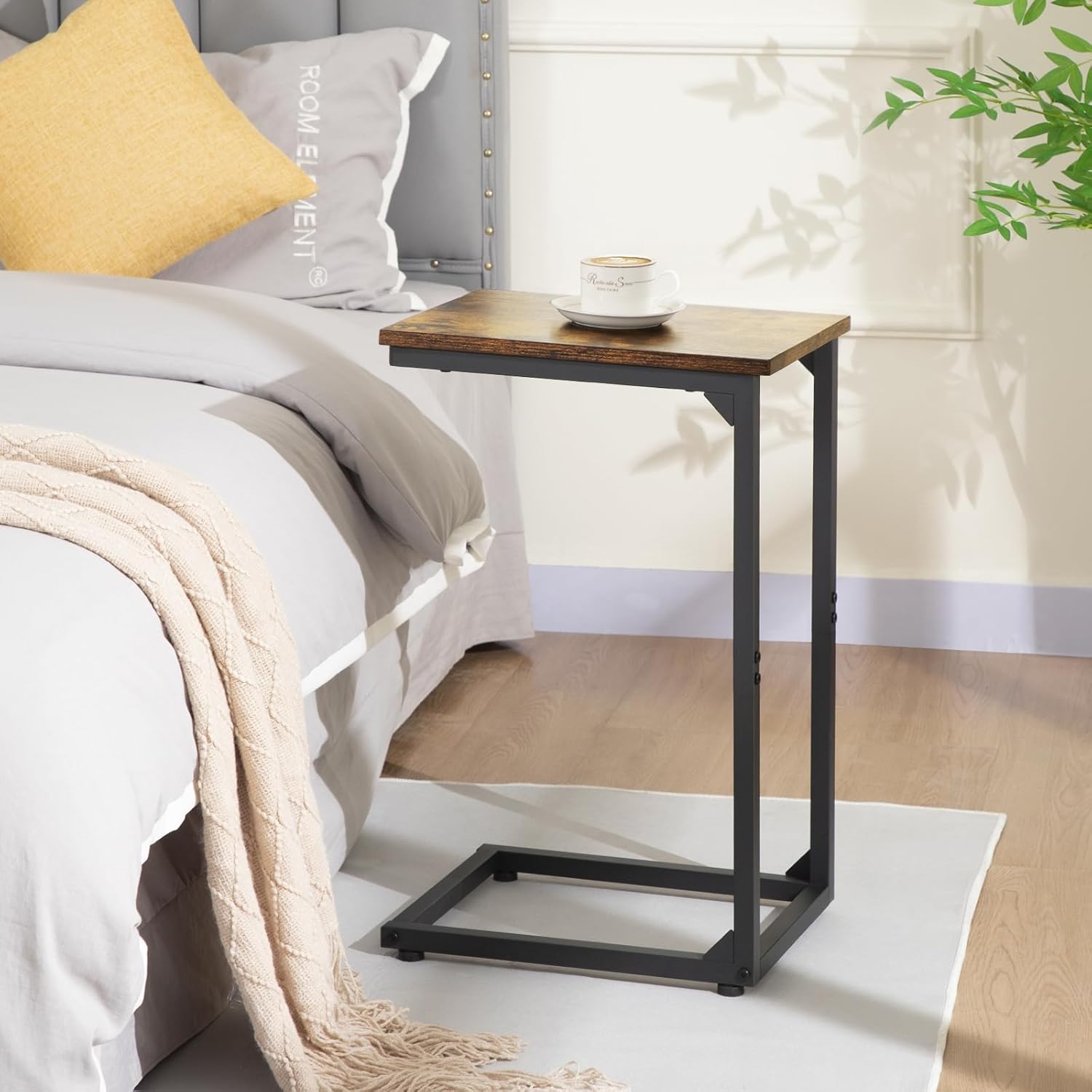 AMHANCIBLE C Shaped End Table Set of 2, Couch Side Table that Slide Under Sofa, Narrow Small Space TV Trays for Living Room, Bedroom, Rustic Brown HET02CBR