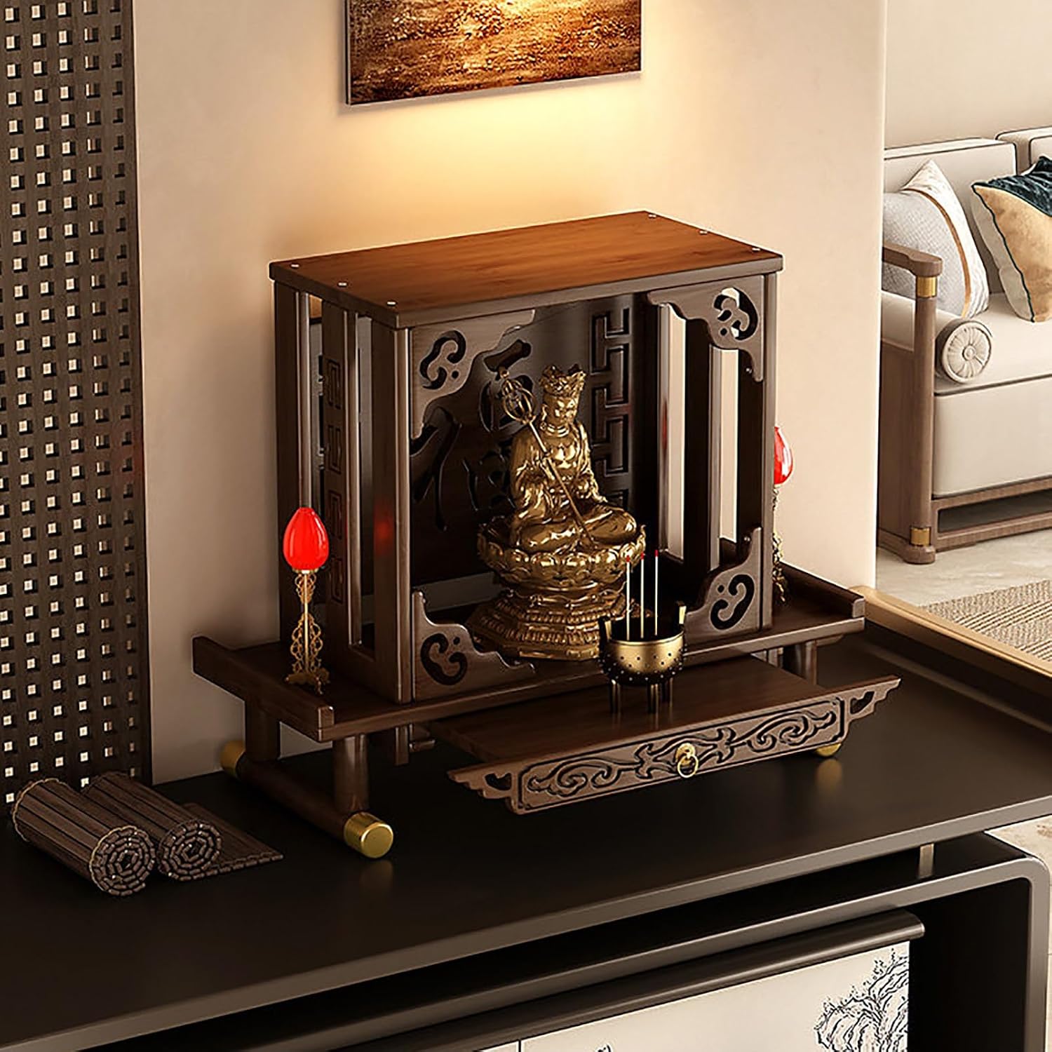 Small Altar Table Solid Wood, Pooja Meditation Table with Telescopic Pull-Out Storage Board, Butsudan, Buddhist Altar Shelf Countertop Type(66x26x50 cm/26x10x20 in)