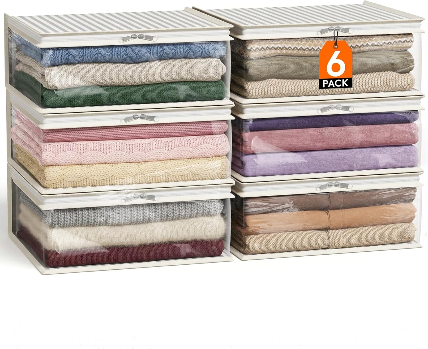 Lifewit 6 Pack 20L Sweater Storage Bag, Foldable Closet Organizer, Clear Zippered Storage Bags for Sheets, Blankets, Pillows, Black and White, 15.0" x 13.5" x 6"