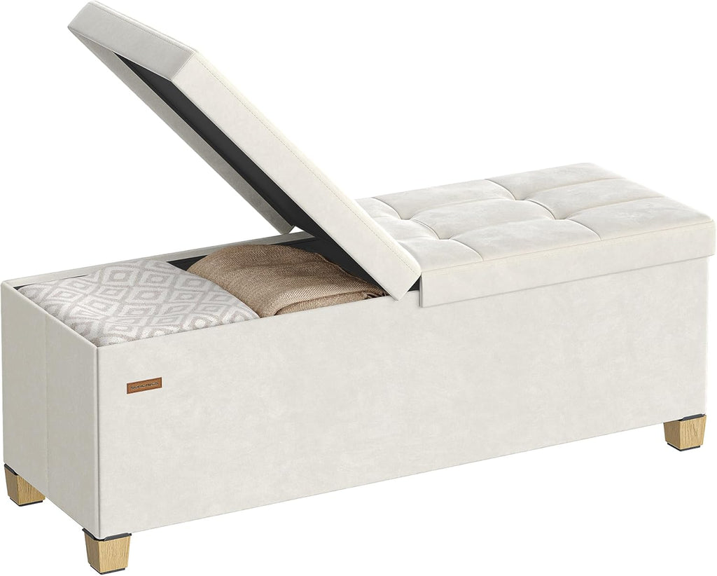 SONGMICS Storage Ottoman Bench with Legs, Folding Ottoman Foot Rest with Flipping Lid, Bench with Storage, for Living Room, Bedroom, Entryway, Velvet, 43.3 Inches, Cappuccino Beige ULSF083LH01