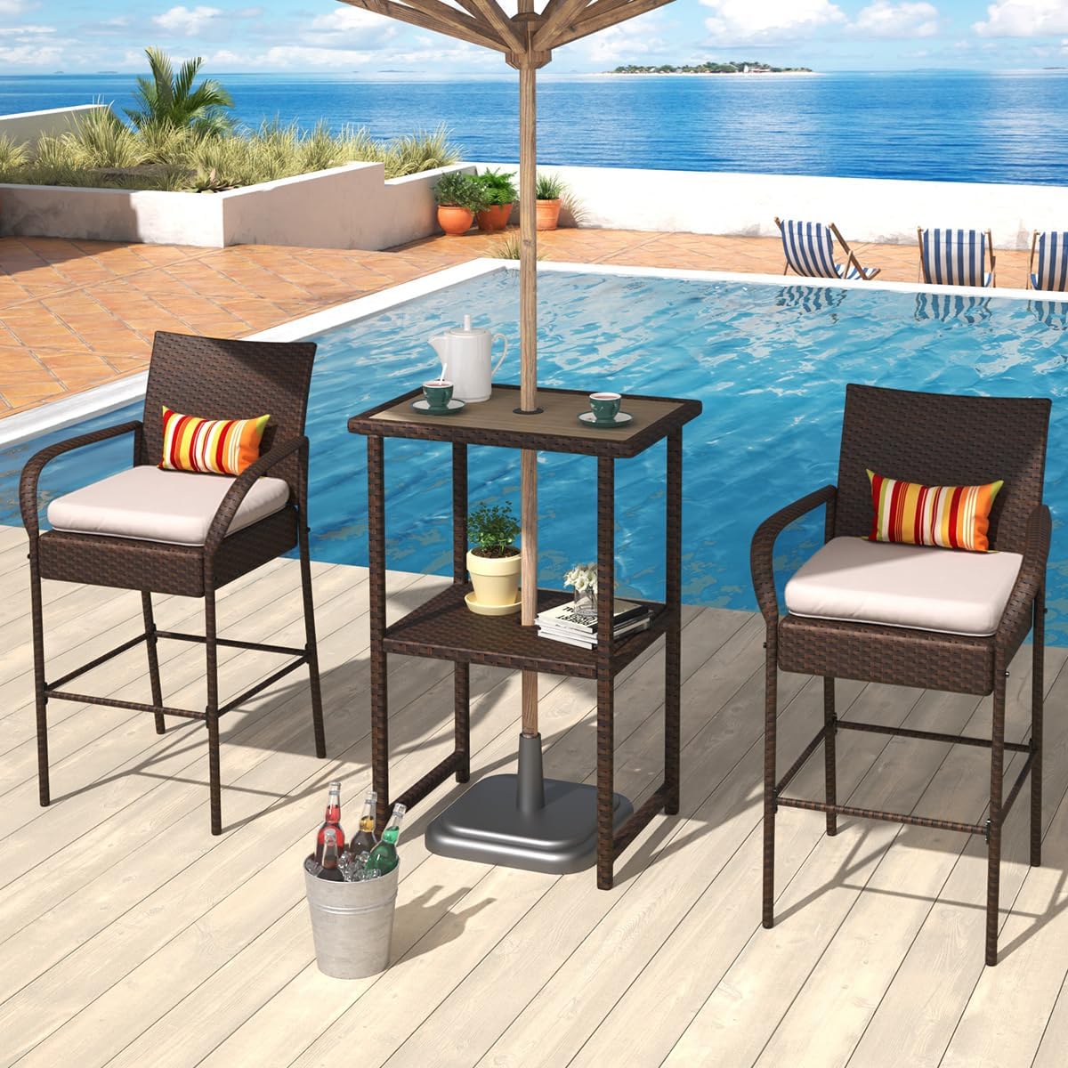 Sundale Outdoor Wicker Bar Stool Set of 4, Patio Counter Height Pub Chair with Arms, High Top Rattan Barstool, Cushion Beige, All-Weather Outdoor Rattan Furniture (Brown&Beige, Small Seat - 4 Stools)