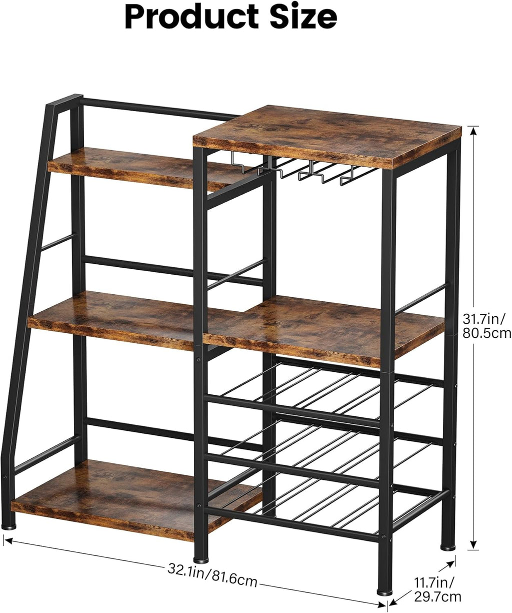 Homeiju Liquor Cabinet Bar for Home Bar, 3 Tier Wine Rack Freestanding Floor with Glass Holder and Fences, Trapezoidal Liquor Bottle Display Shelf for Liquor Whiskey Wine, Brown