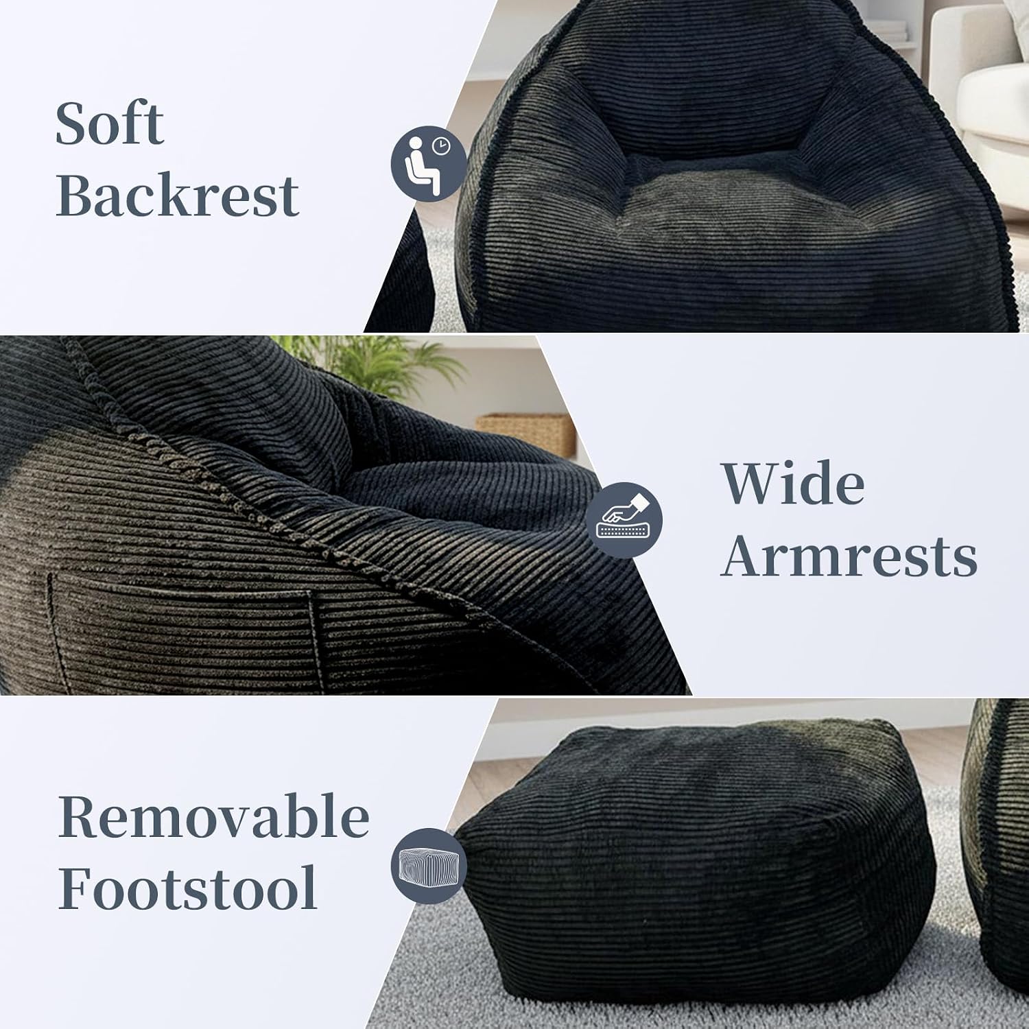 WHGBJA 4FT Bean Bag Chair for Adults/Kids with Ottoman,35D Memory Foam Filled,Cozy Fluffy Gaming Chair for Living Room, Bedroom (Black)