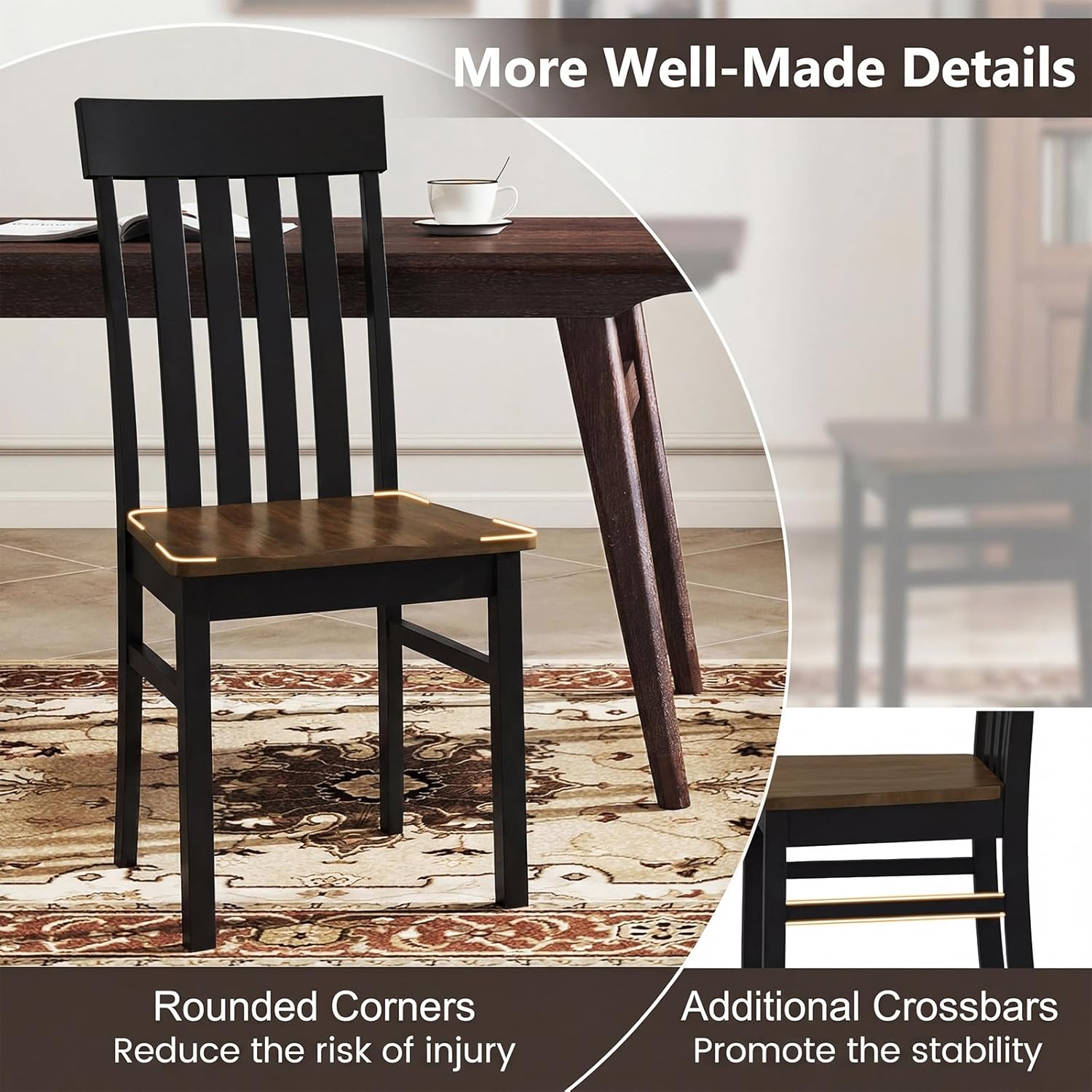 Giantex Wooden Dining Chairs Set of 4, Farmhouse Kitchen Chair with Hollowed Backrests & Rubber Wood Seats, Rustic Wood Side Chairs for Home Living Room Restaurant, Black+Walnut
