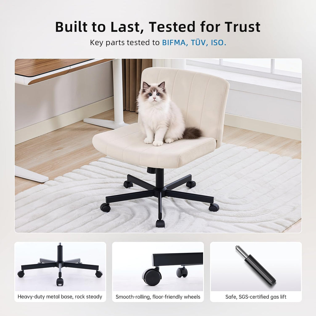 amseatec Criss Cross Chair, Wide Cross Legged Desk Chair with Wheels, Comfy Fabric Vanity Chair for Home Office, Adjustable Armless Swivel Task Chair with 90–115°Tilt（300Lbs/Beige）