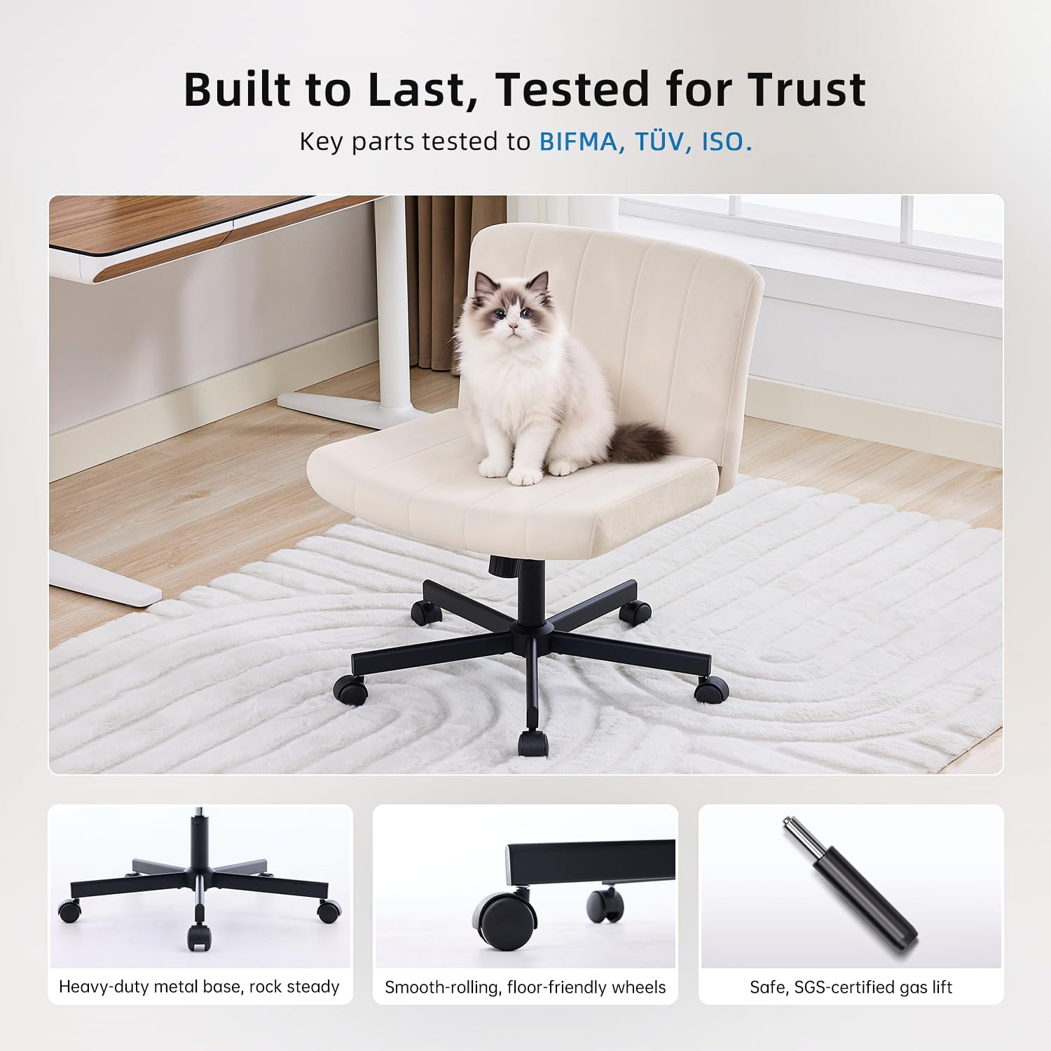 amseatec Criss Cross Chair, Wide Cross Legged Desk Chair with Wheels, Comfy Fabric Vanity Chair for Home Office, Adjustable Armless Swivel Task Chair with 90–115°Tilt（300Lbs/Beige）