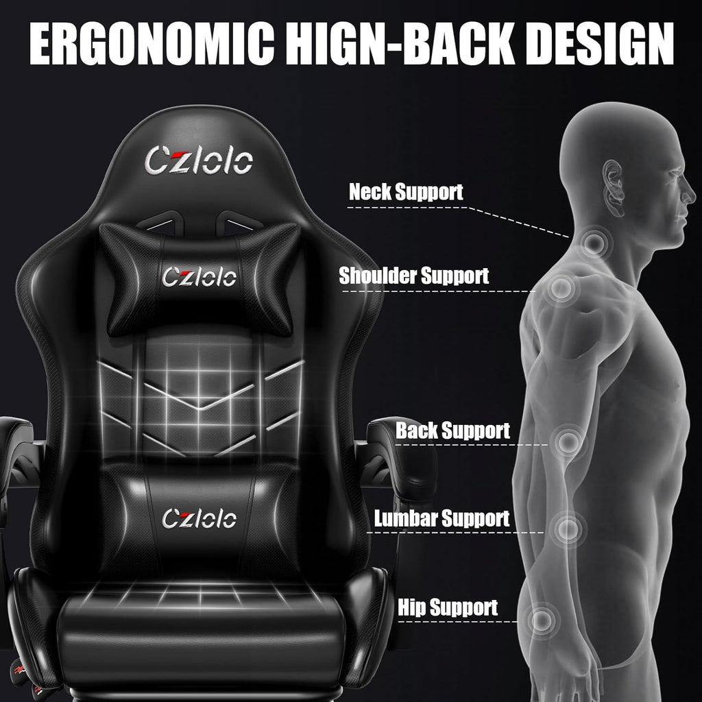 Czlolo Gaming Chair, Ergonomic Office Computer Chair with Footrest and Lumbar Support Massager Racing Style High Back Video Gamer Chair, Wide＆Thick Cushion, 90°-135° Recline, Adjustable Height, Black