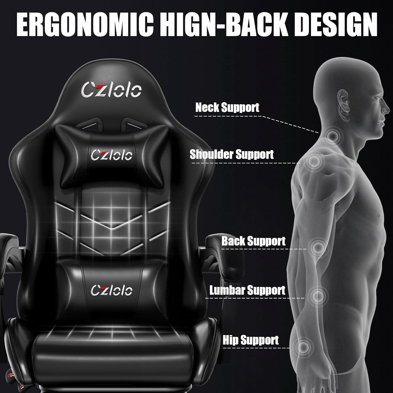 Czlolo Gaming Chair, Ergonomic Office Computer Chair with Footrest and Lumbar Support Massager Racing Style High Back Video Gamer Chair, Wide＆Thick Cushion, 90°-135° Recline, Adjustable Height, Black