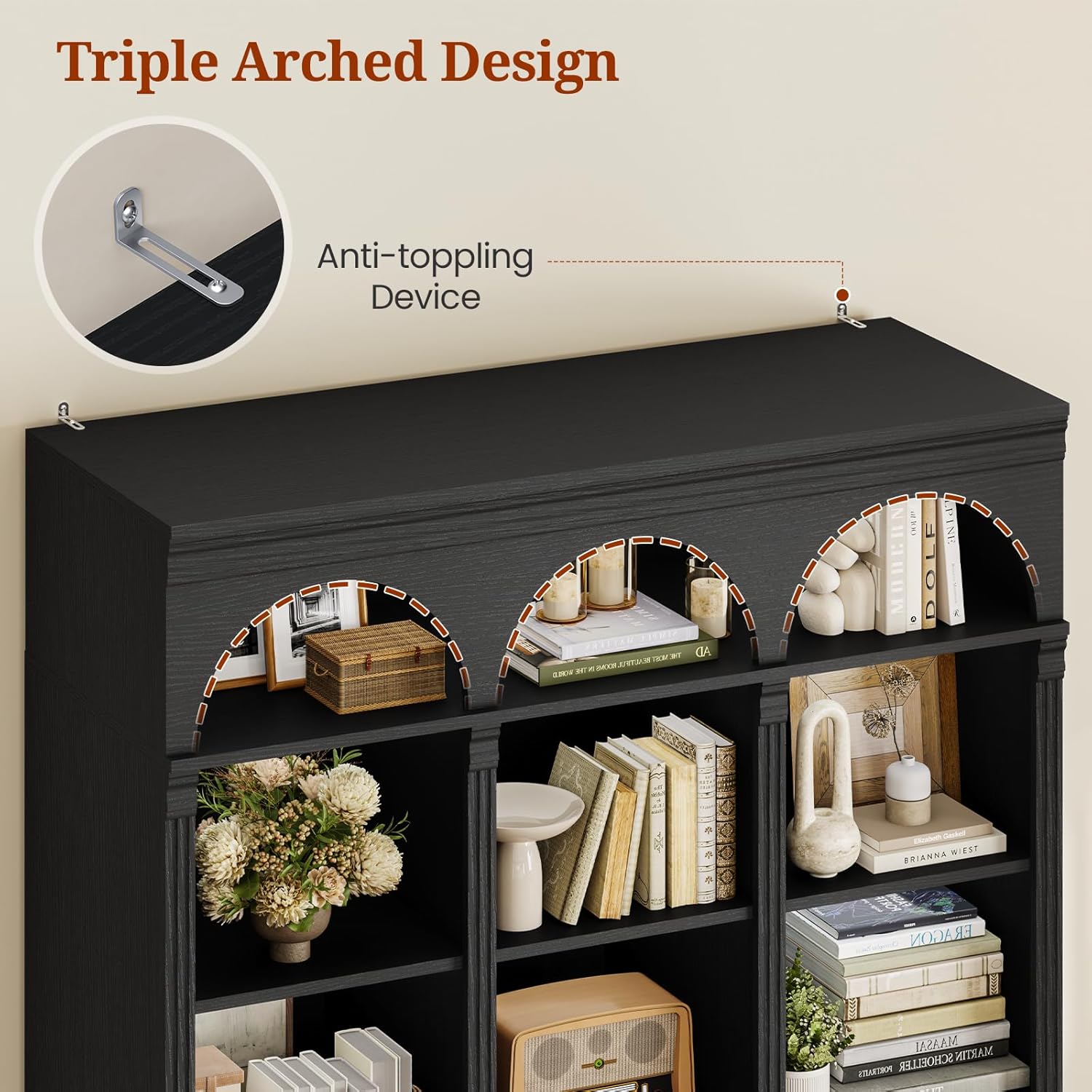 UPOSOJA 73.3" H Triple Wide Bookshelf with 2 Drawers, 6 Tier Tall Bookcase with Storage, Large Bookcase with 5 Adjustable Shelves, Wood Bookshelves and Bookcases for Home Office (Black)