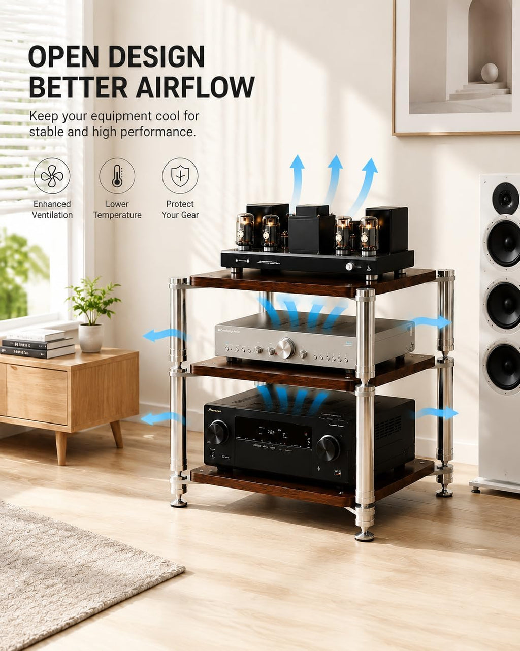 Heavy Duty AV Stand, Open Design’s Audio Racks with Shock-Absorbing Foot pegs, Strong Load-Bearing Capacity Audio Component Rack, for Offices and Recording Studios (Black Walnut, 3-Tier)