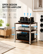 Heavy Duty AV Stand, Open Design’s Audio Racks with Shock-Absorbing Foot pegs, Strong Load-Bearing Capacity Audio Component Rack, for Offices and Recording Studios (Black Walnut, 3-Tier)
