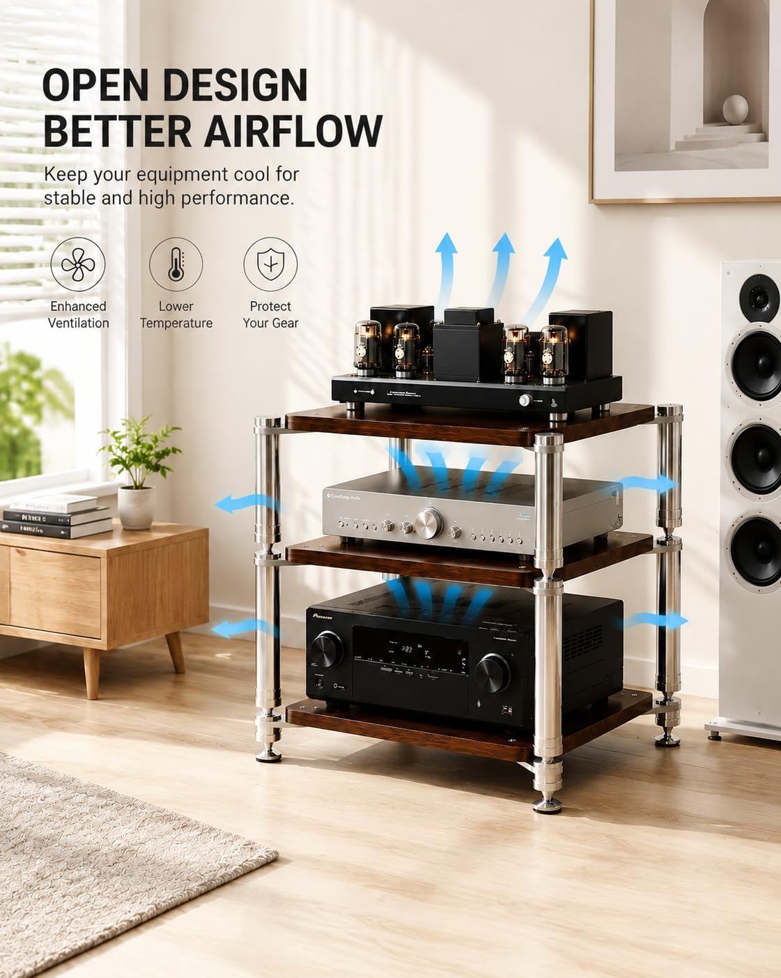 Heavy Duty AV Stand, Open Design’s Audio Racks with Shock-Absorbing Foot pegs, Strong Load-Bearing Capacity Audio Component Rack, for Offices and Recording Studios (Black Walnut, 3-Tier)