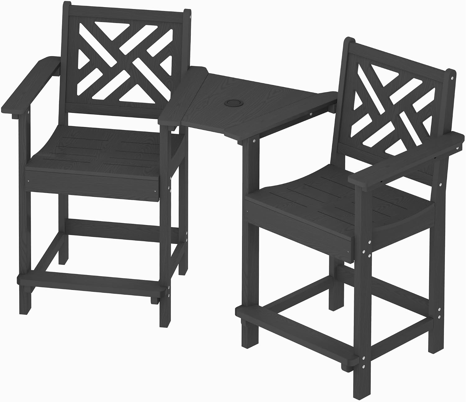 HDPE Outdoor Adirondack Bar Chairs Set of 2,Tall Adirondack Chairs with Umbrella Table,bar stools with Back for Patio Backyard Swimming Pool Durable Weather Resistant Design Black