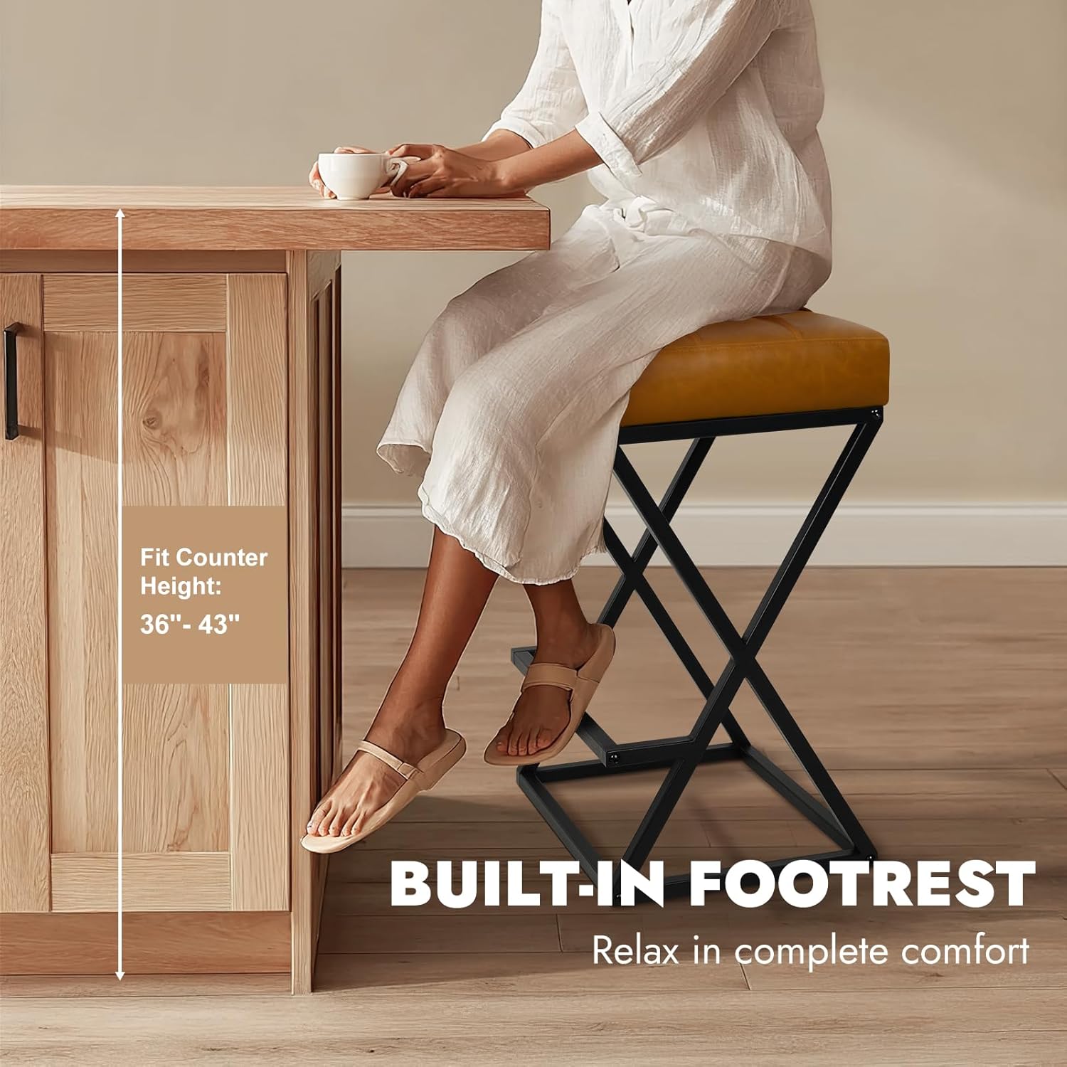 26 Inch Counter Height Bar Stools Set of 2, Backless Bar Stools for Kitchen Island, Faux Leather Upholstered Seat Modern Counter Stools with X-Frame Metal Legs and Footrest Walnut Brown