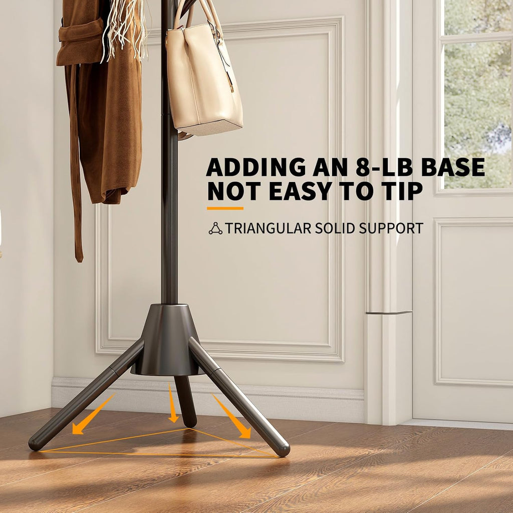Heavy Duty Anti-Tip Coat Rack with 8LB Stable Weighted Base, [80LB Load Tested] Metal Standing Tree with 8 Hooks, 3-Height Adjustable Space Saving Clothes Organizer for Entryway, Bedroom, Office