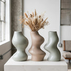 BosilunLife Decorative Vase Set of 3, Nested Interlocking Recycled Ceramic, Smooth Glossy Pastel Modern Decor, Sage Green & Khaki Centerpiece for Bookshelf