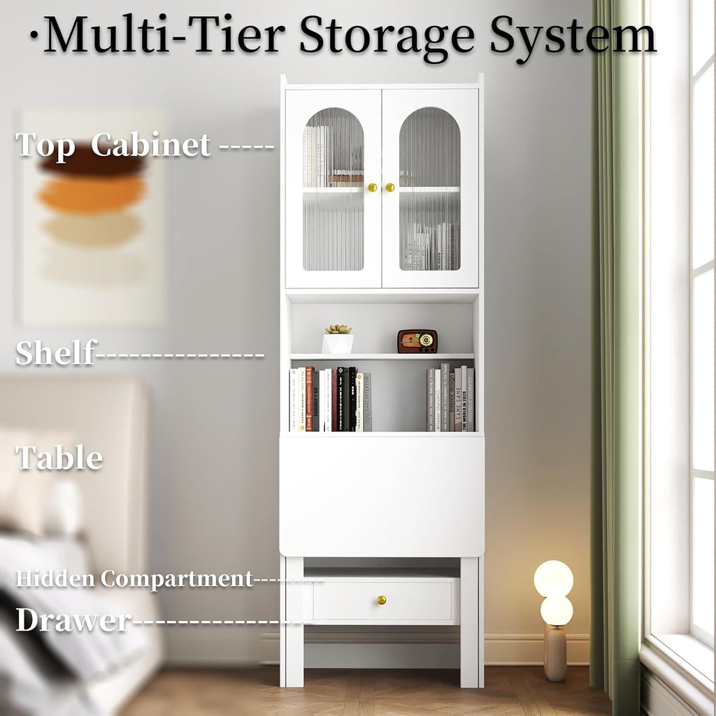 JOYSOURCE 71'' Bedside Table Tall Freestanding Bookshelf with Convertible Desk Hutch Cabinet with Reeded Glass Doors Drawer Nightstand End Table for Living Room White