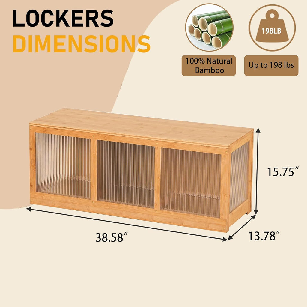Bamboo Shoe Storage Bench with Acrylic Panels for Entryway | 39 Inch Long; 3 Compartments; Fluted See-Through Doors; Hinged Lid; Divided storage for Blankets, Toys, Bedroom, Living room