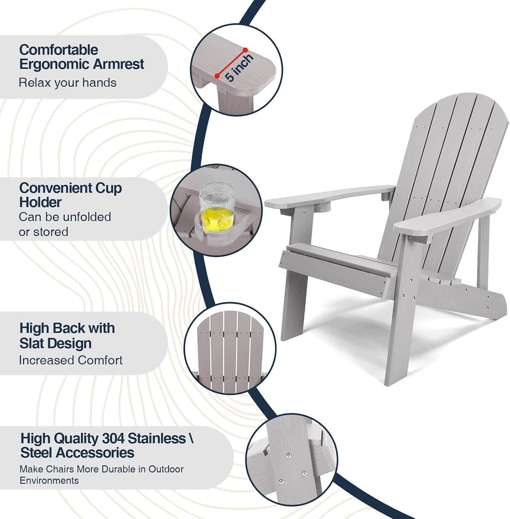 Adirondack Chair, All Weather Resistant Plastic Chairs with Cup Holder, 5 Easy Steps to Install, Outdoor Chairs for Patio, Garden, Backyard Deck, Lawn, Fire Pit - Grey