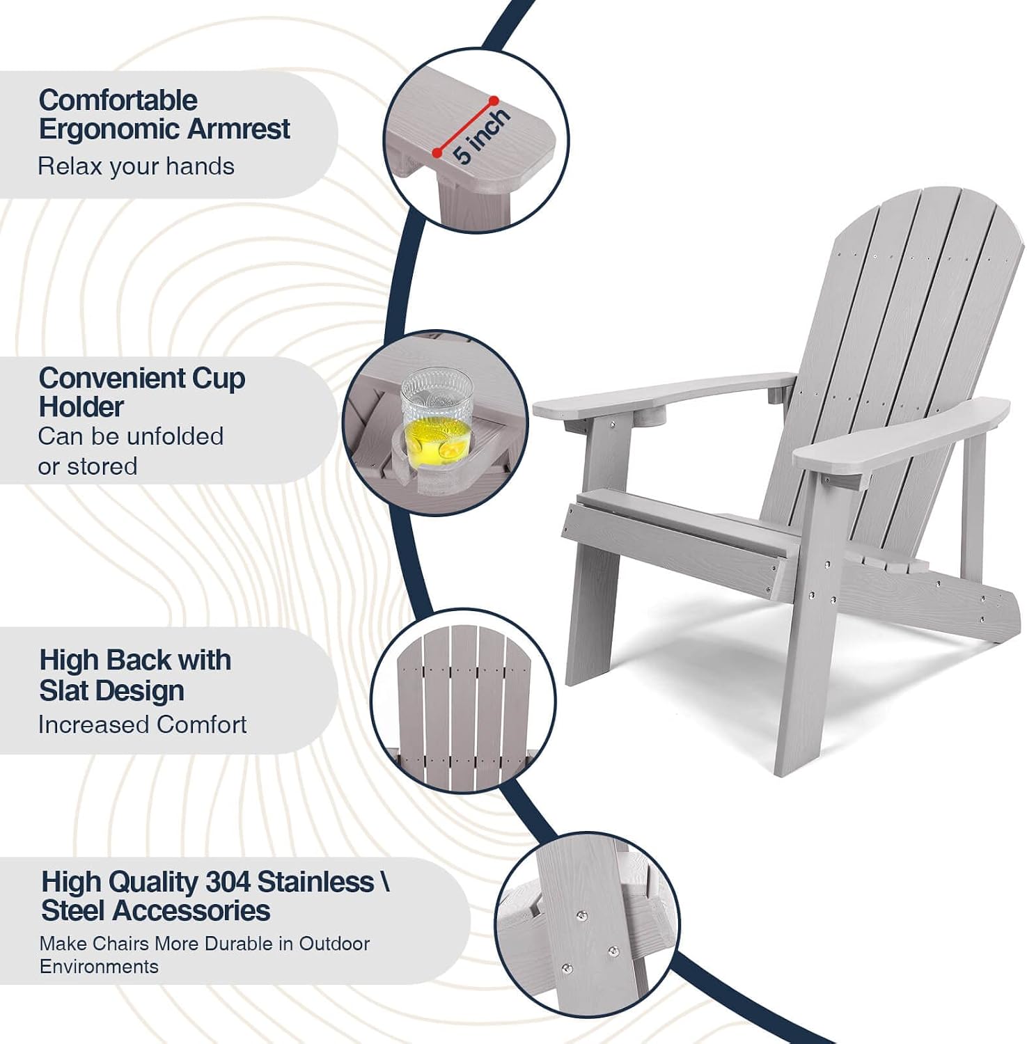 Adirondack Chair, All Weather Resistant Plastic Chairs with Cup Holder, 5 Easy Steps to Install, Outdoor Chairs for Patio, Garden, Backyard Deck, Lawn, Fire Pit - Grey