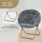 Athena Collection Round Saucer Chair with Ottoman Set for Adults, Oversize Comfy Cozy Faux Fur Folding Reading Chair with Metal Leg Lazy Relaxing for Living Room Bedroom Dorm Apartment, Grey