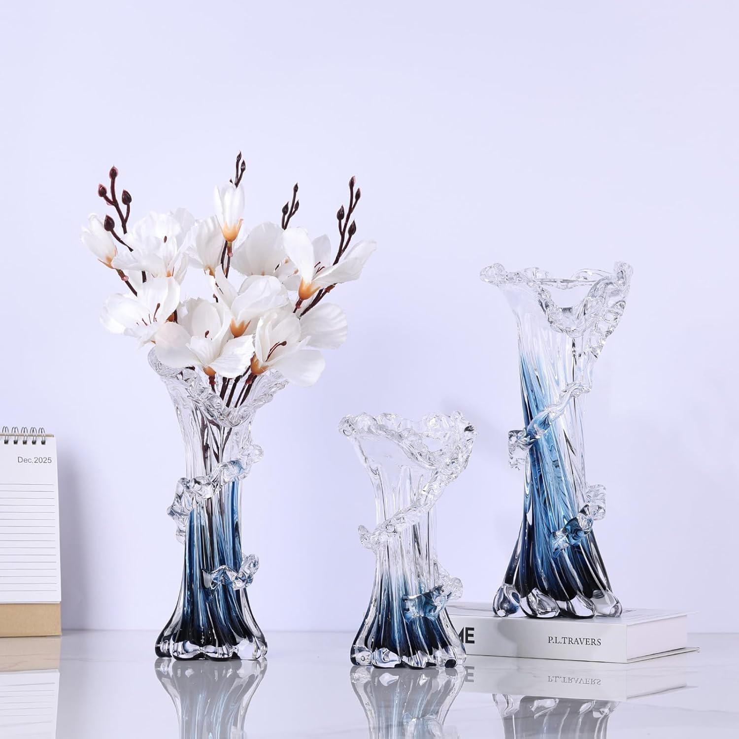 Hand Blown Blue Glass Vase, Unique Art Beautiful Ocean Glass Vase for Coastal Home Decor, Coffee Table, Living Room, Office Decor - 11.8" H(Large)
