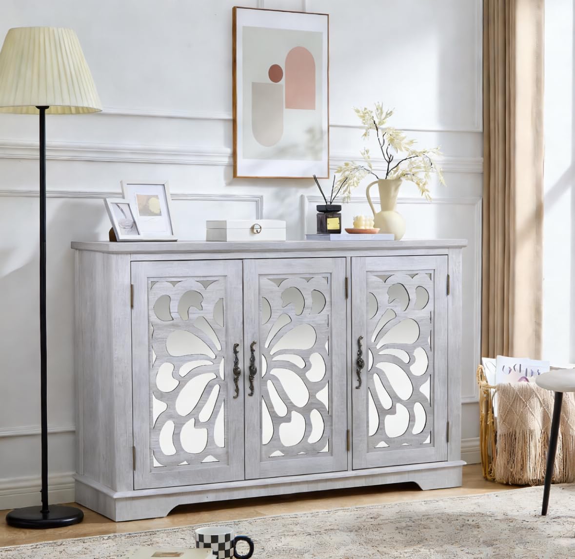 GDFStudio 49" Modern Buffet Sideboard Cabinet, Storage Cabinet with 3 Acrylic Mirrored Doors, Freestanding Credenza Buffet for Living Room Dining Room Kitchen, Large Countertop Coffee Bar, Light Gray