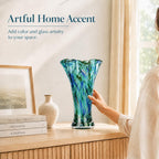 9.0" H Teal Glass Vases for Flowers, Unique Hand Blown Glass Vase Green Home Decor, Wide Mouth Colorful Flower Vase Centerpieces, for Living Room Table Bookshelf, Bathroom Office Shelf Decorative