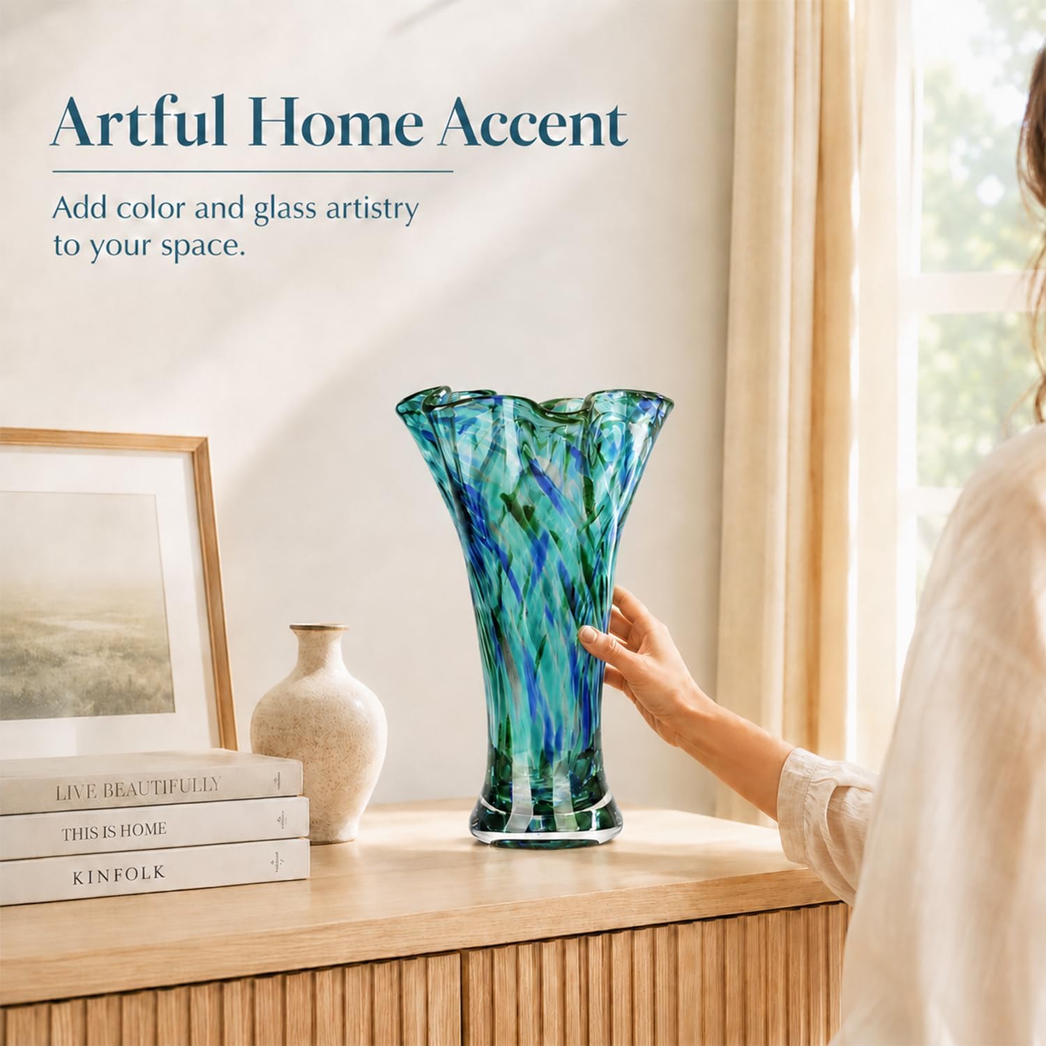 9.0" H Teal Glass Vases for Flowers, Unique Hand Blown Glass Vase Green Home Decor, Wide Mouth Colorful Flower Vase Centerpieces, for Living Room Table Bookshelf, Bathroom Office Shelf Decorative