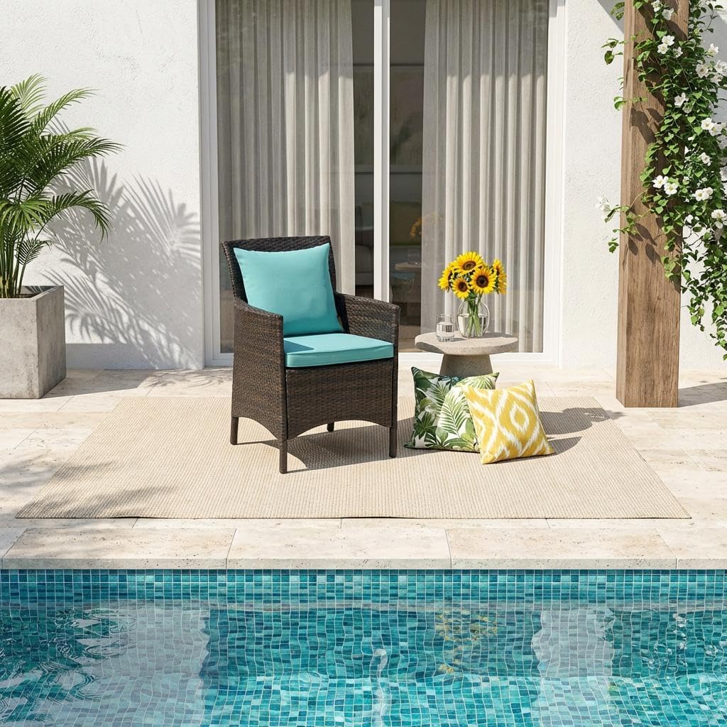Brown Wicker Rattan Dining Armchair for Patio, Outdoor Lounge Furniture, Comfortable Seat with Armrests, Durable Weather-Resistant Material
