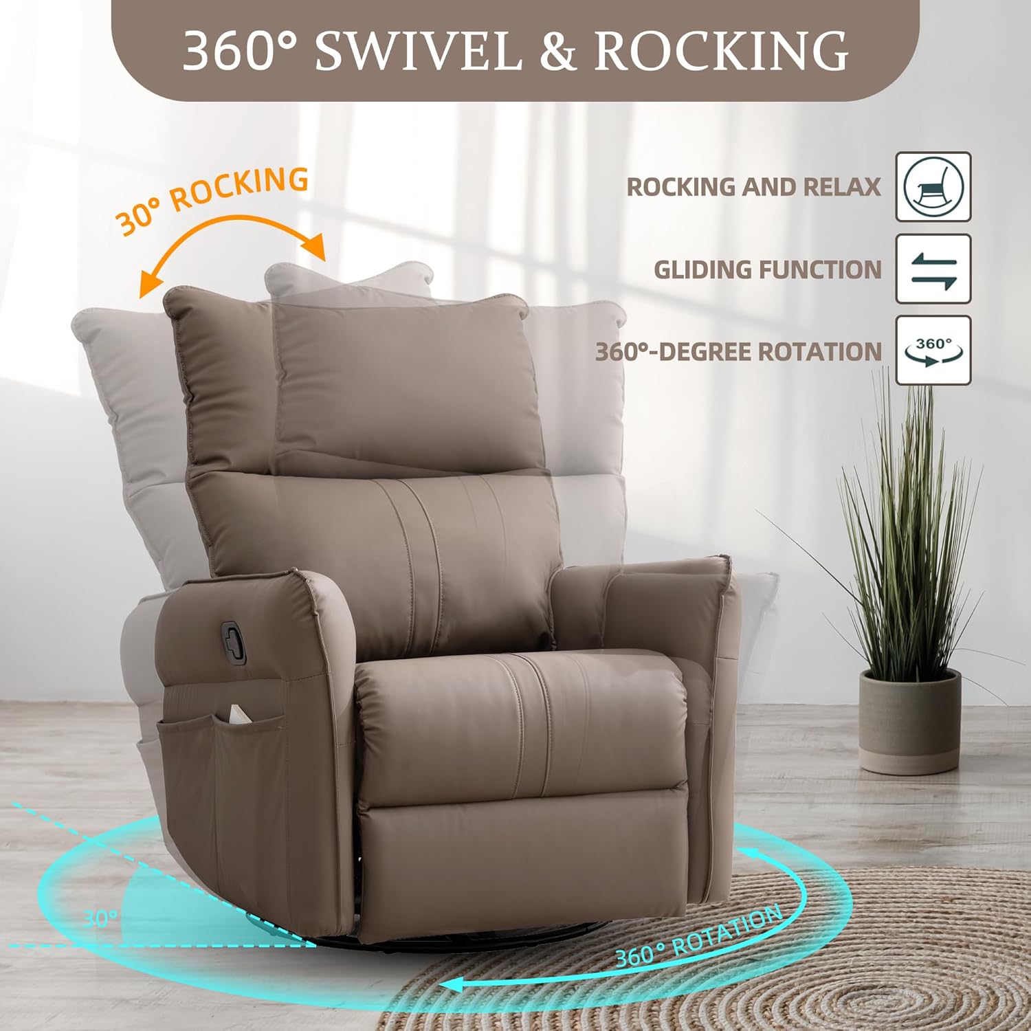 Swivel Rocker Recliner Chair, Upholstered 360° Fabric Leather Glider Rocker Chair for Nursery, Manual Small Recliners for Small Spaces Living Room Weight Capacity 300lbs