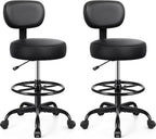 Brick Attic Drafting Chair with Backrest – Adjustable Foot Rest Rolling Stool with Wheels, PU Leather Swivel Stool for Office Spa Studio Lab Counter Salon Home Work Bar Kitchen Shop(Black), Pack of 2