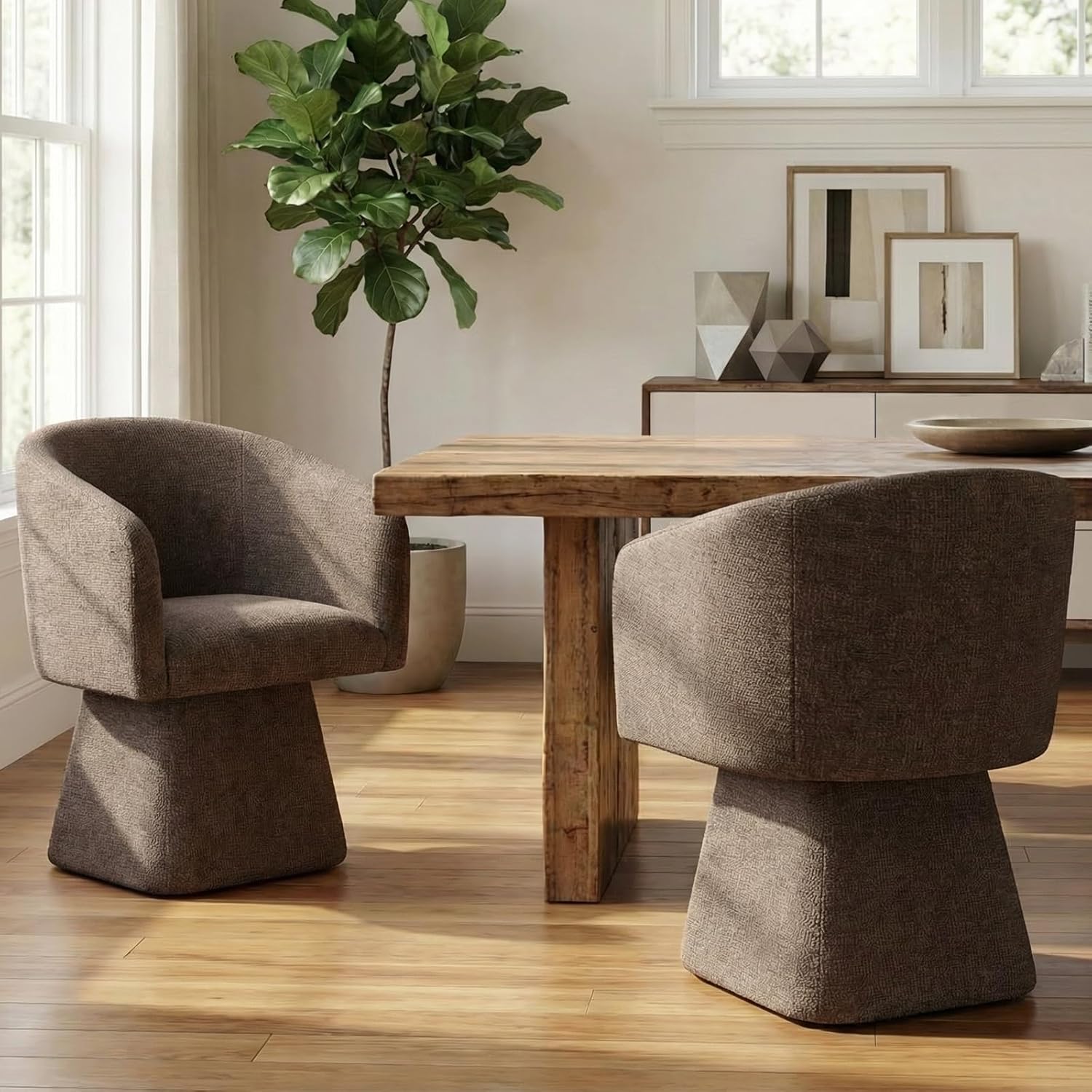 VKNOW Upholstered Swivel Dining Chairs Set of 2, Modern Dining Room Chairs with Barrel Back, Accent Arm Chair for Dining Room, Living Room, Bedroom, Vanity, Dark Brown