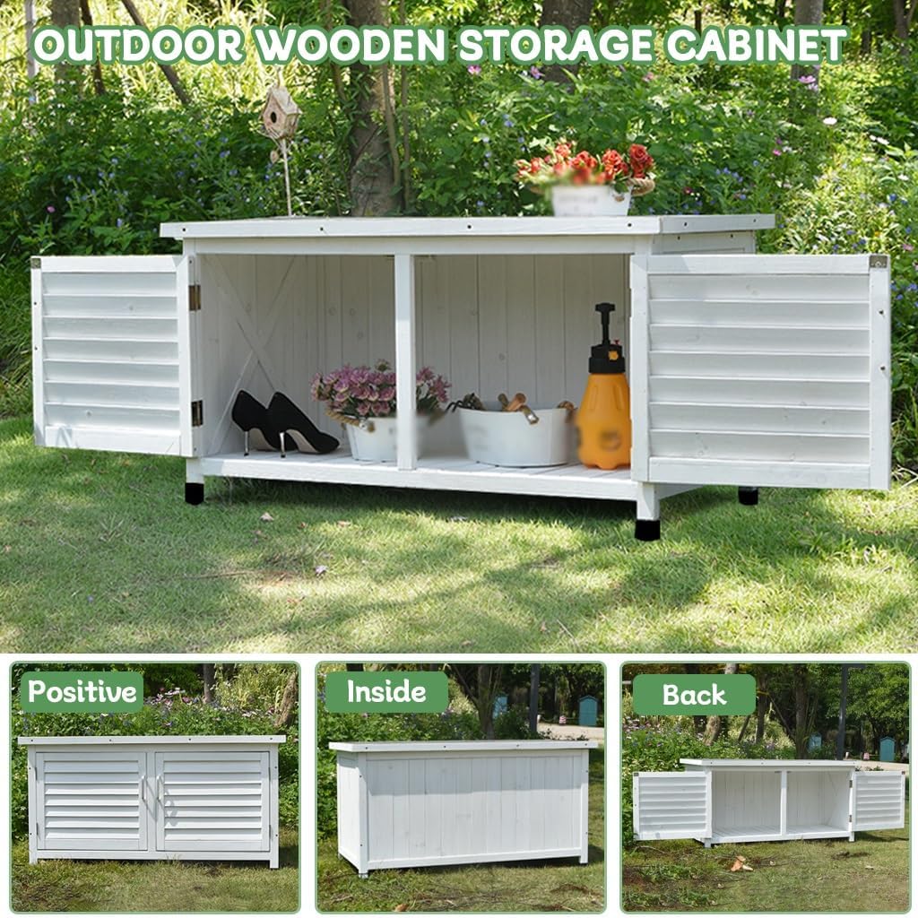 Outdoor Wooden Storage Cabinet with Double Doors Garden Potting Bench Table for Patio and Yard Storage,B-110X55X57.5Cm