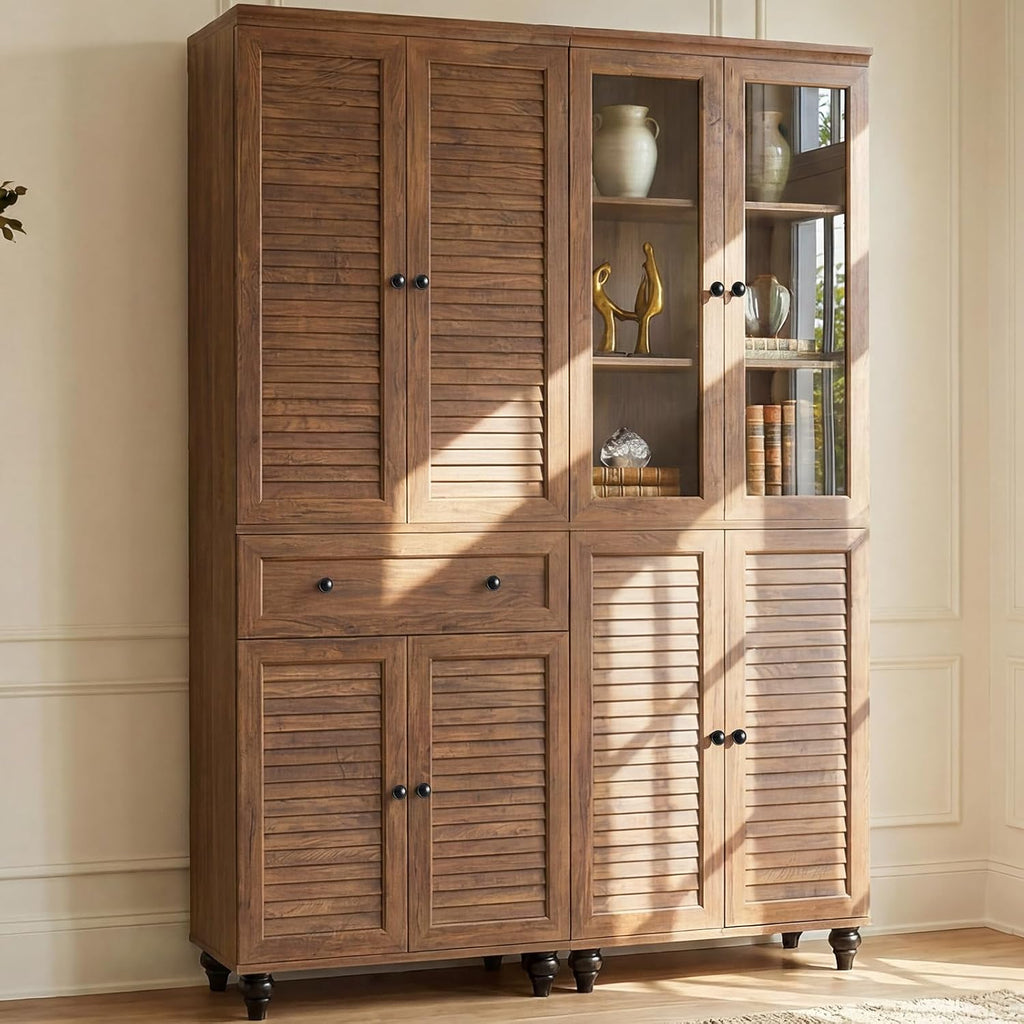 80" Kitchen Pantry Cabinet Set of 2, Farmhouse Storage Cabinets with Glass & Louvered Doors, Adjustable Shelves for Dining Room, Living Room, Home Office, Cracked Oak