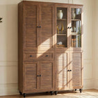 80" Kitchen Pantry Cabinet Set of 2, Farmhouse Storage Cabinets with Glass & Louvered Doors, Adjustable Shelves for Dining Room, Living Room, Home Office, Cracked Oak