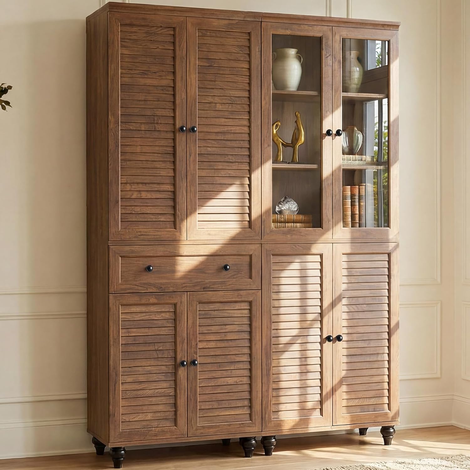 80" Kitchen Pantry Cabinet Set of 2, Farmhouse Storage Cabinets with Glass & Louvered Doors, Adjustable Shelves for Dining Room, Living Room, Home Office, Cracked Oak