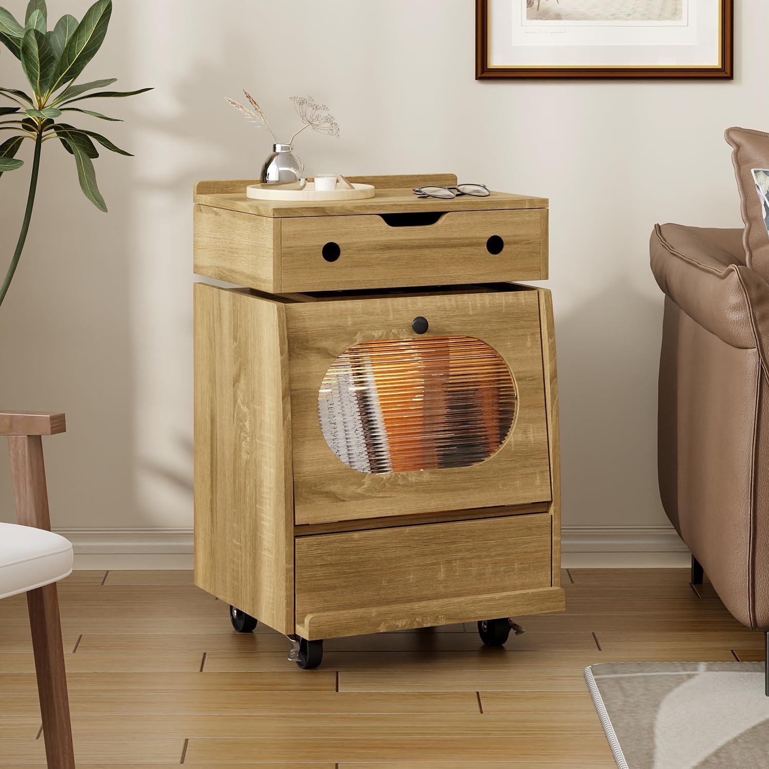 Timechee Robot Side Table with Wheels for Living Room, LED End Side Table with 360° Rotating Drawer, Led Night Stand, 2 Drawer Kids Nightstand, Modern Storage Cabinet for Living Room, Bedroom, Natural